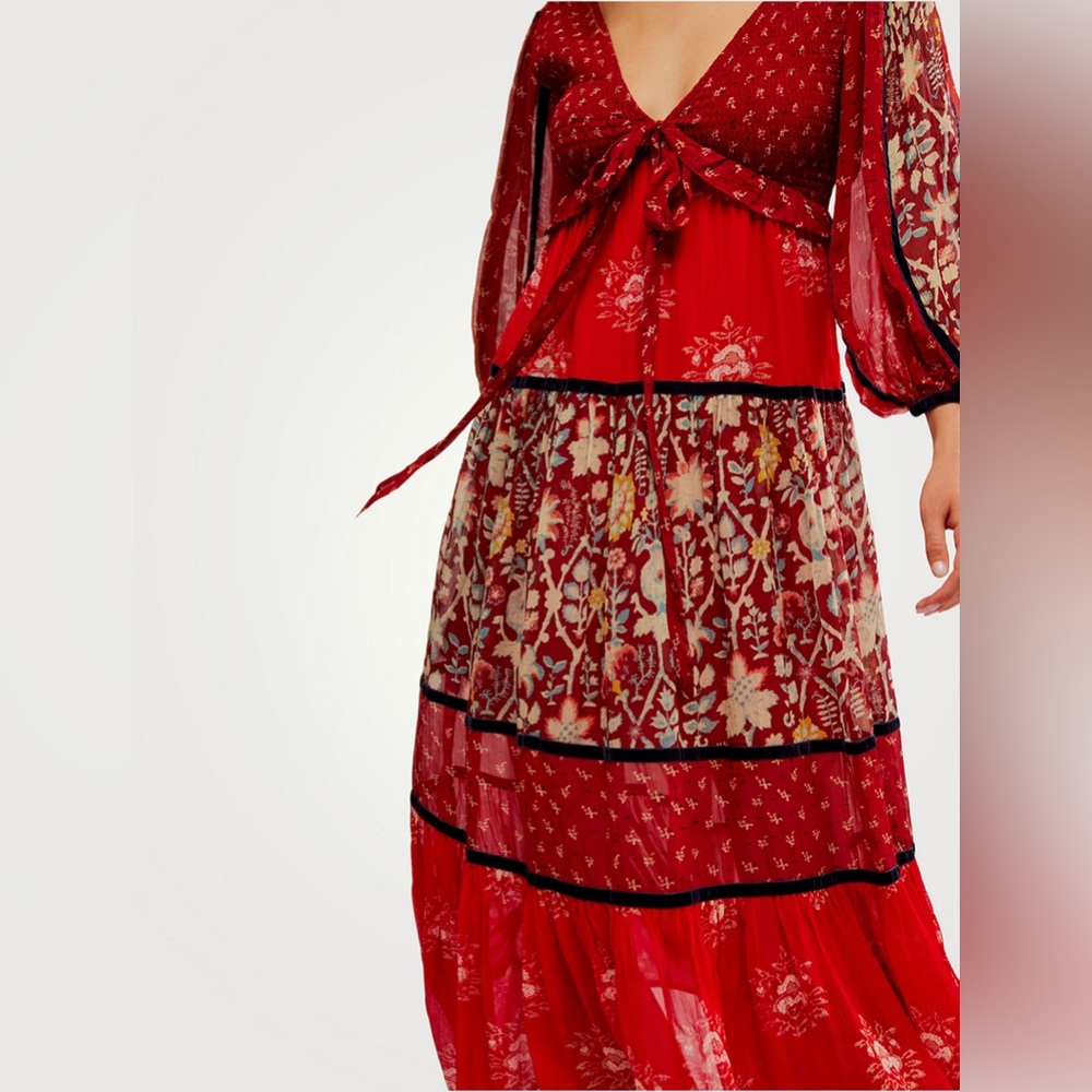 LAST 1!! Free People Bali Laurel Bohemian Long Sleeve Red Maxi Dress - $298 - Picture 7 of 13